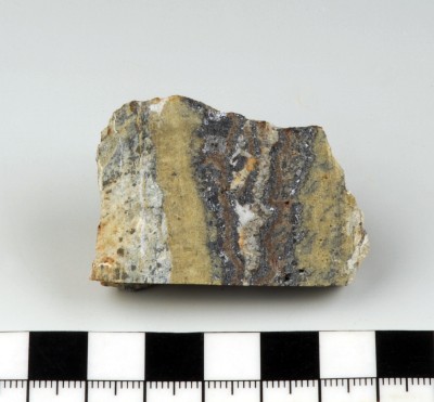: Ore vein (cut and polished) from the Plaka mine no. 80, Lavrion, Greece (catalogue no. O 692).
