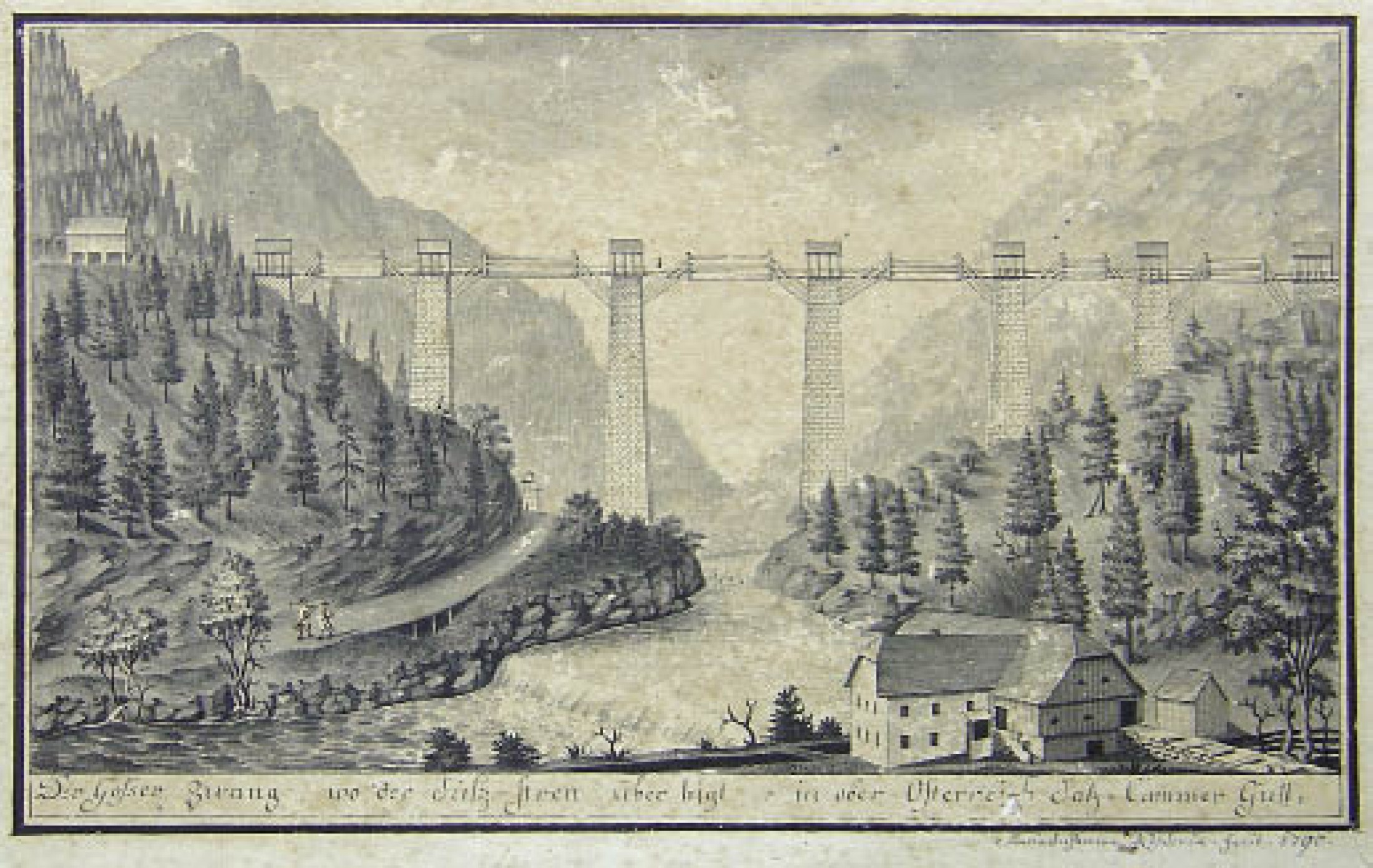 : Die Soleleitung nach Ebensee war eine technische Meisterleistung. Mit einer gewaltigen Brücke wurde die Schlucht des Gosaubaches überspannt. (Bild: Museum Hallstatt)
