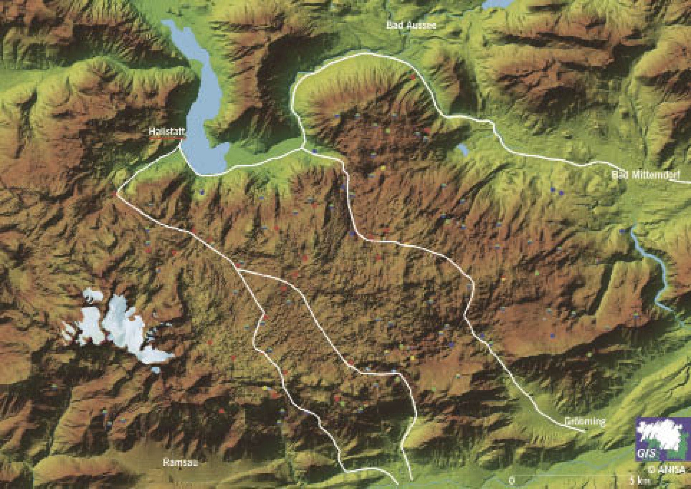 : Fundkarte des Dachsteingebirges mit den wichtigsten Wegeverbindungen von Hallstatt in das Ennstal. (Bild: ANISA)