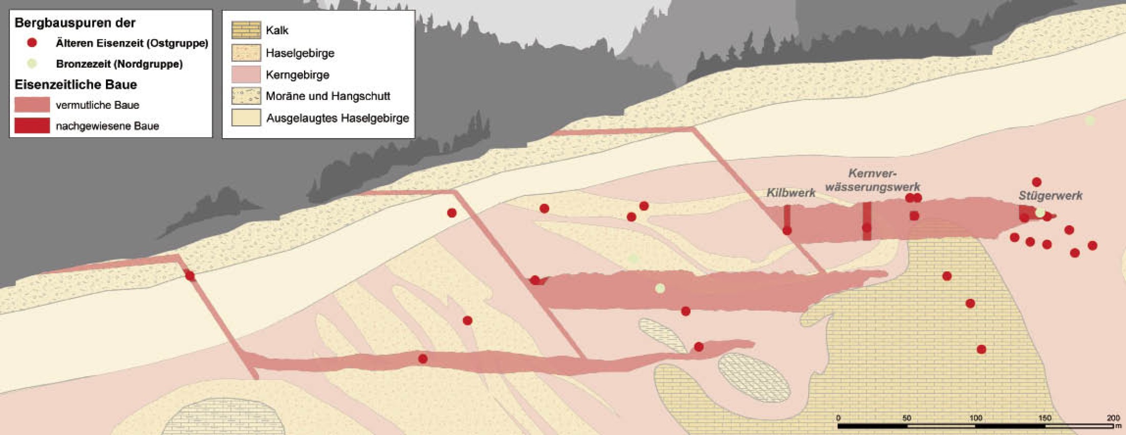 : Querschnitt durch den Hallstätter Salzberg mit den bekannten Fundstellen der Älteren Eisenzeit. Die wichtigsten Fundstellen der Ostgruppe liegen im Kilbwerk, im Stügerwerk und im Kernverwässerungswerk. (Bild: K. Löcker)