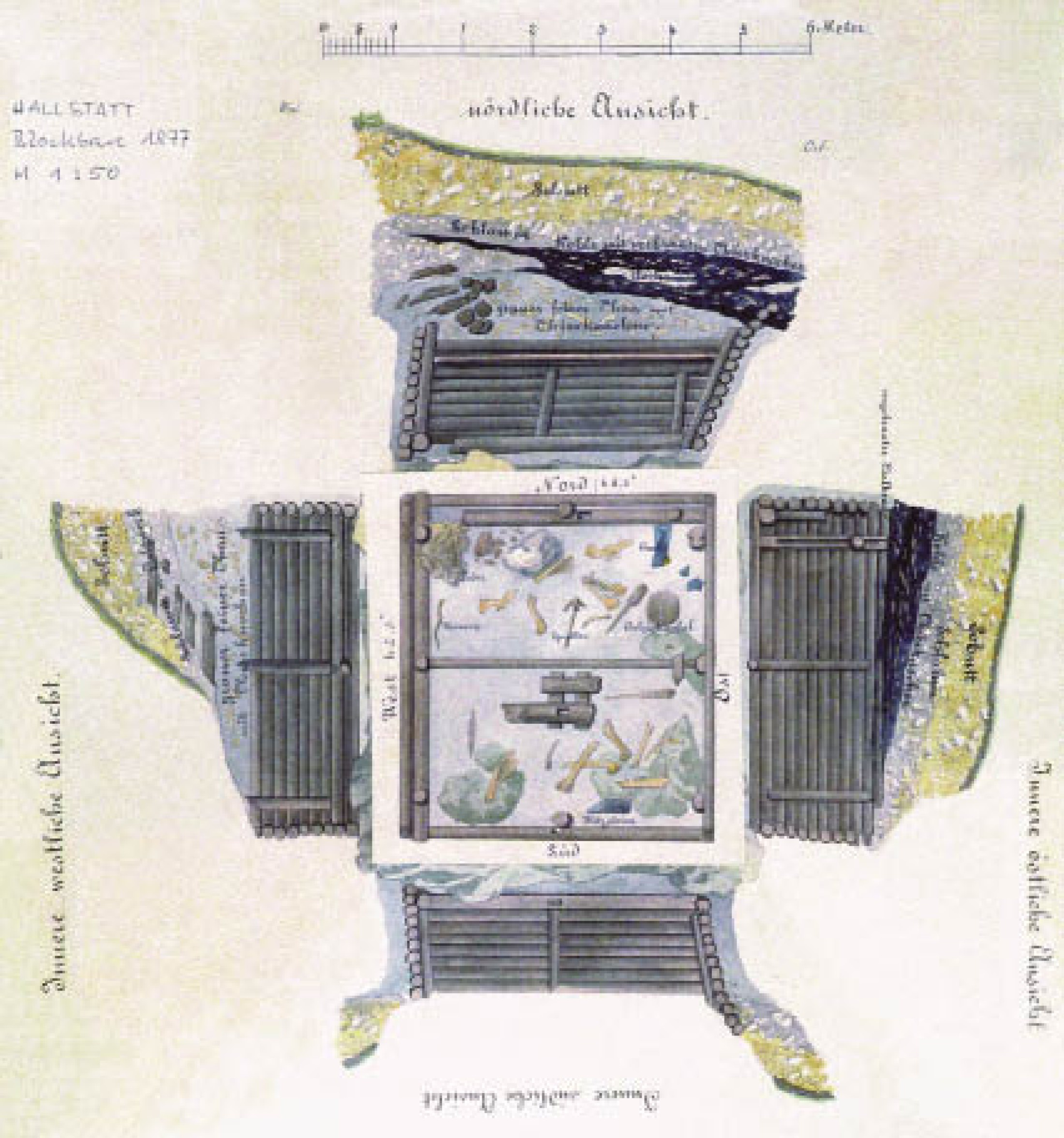 : 1877 dokumentierte Isidor Engl einen im Salzbergtal entdeckten Blockbau. Erst über 100 Jahre später konnte die Konstruktion als Pökelwanne einer bronzezeitlichen Fleischindustrie identifiziert werden. (Bild: Fundaktenarchiv des NHM)