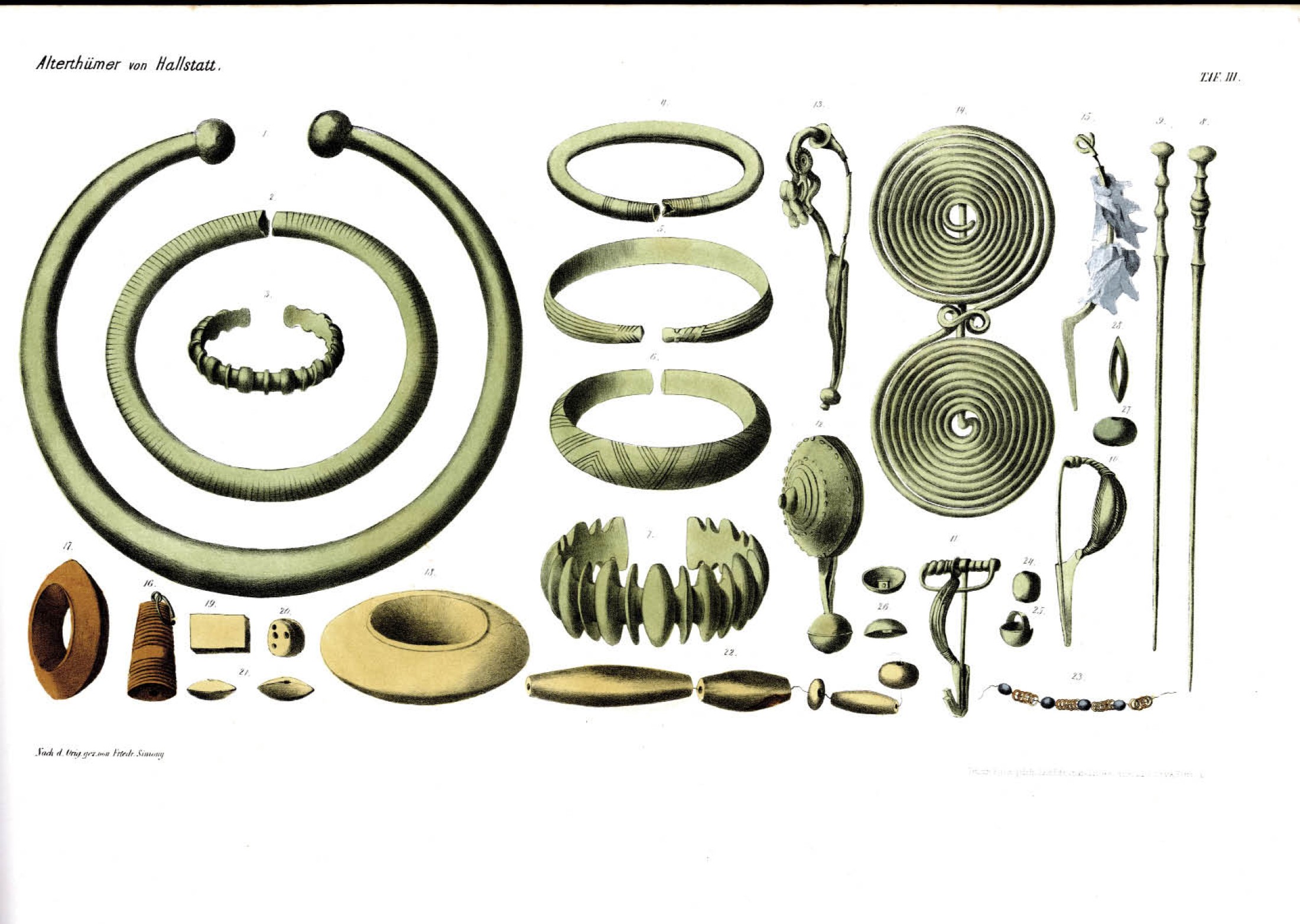 : Tafel mit Funden aus der Publikation Friedrich Simonys 1850 (Bild: Simony, F. (1850): Die Alterthümer vom Hallstädter Salzberg und dessen Umgebung. Wien)