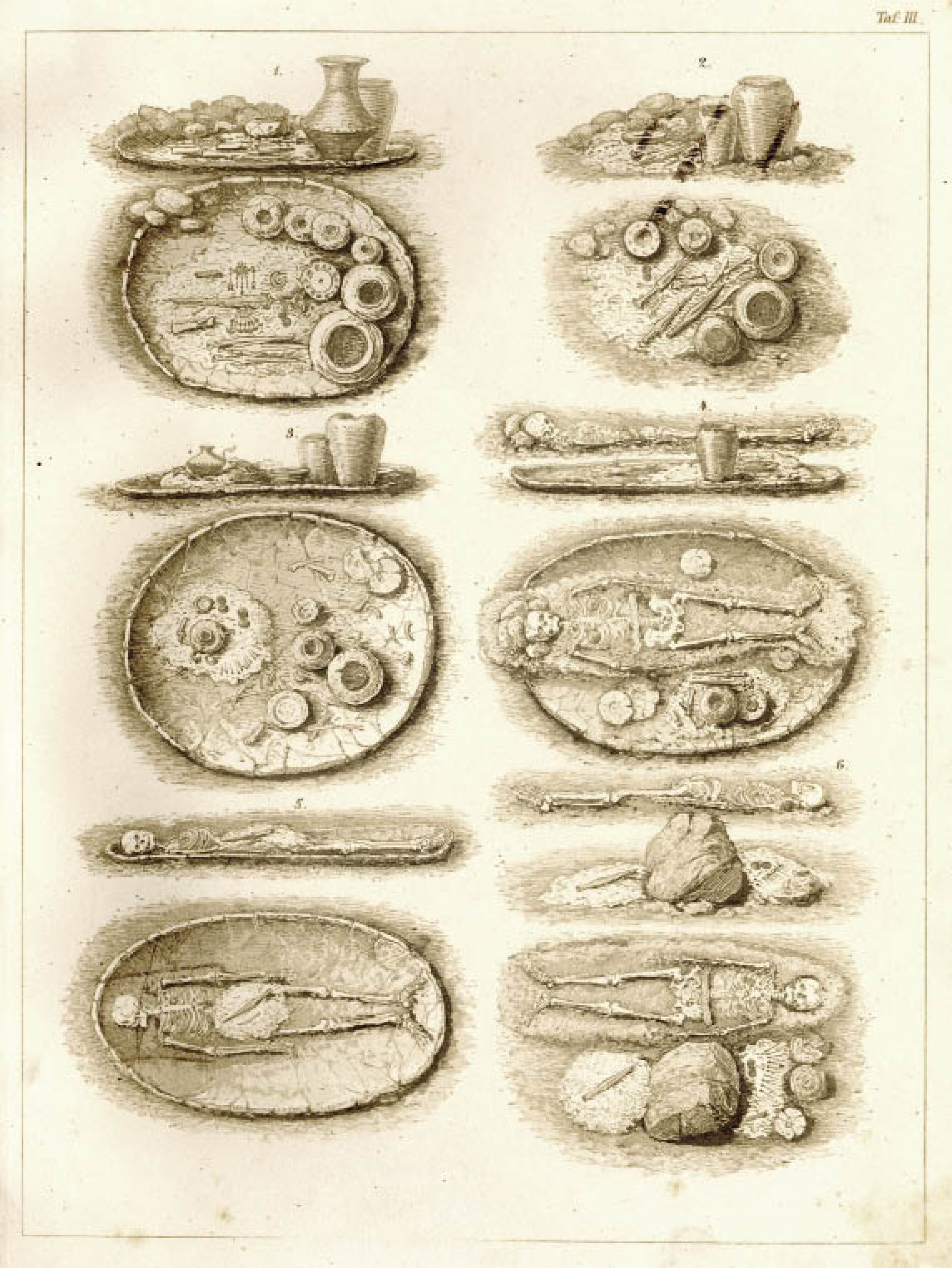 : Abbildungen aus der ersten umfassenden Dokumentation Eduard v. Sackens 1868 (Bild: Sacken E. v. (1868): Das Grabfeld von Hallstatt in Oberösterreich und seine Alterthümer. Wien.)