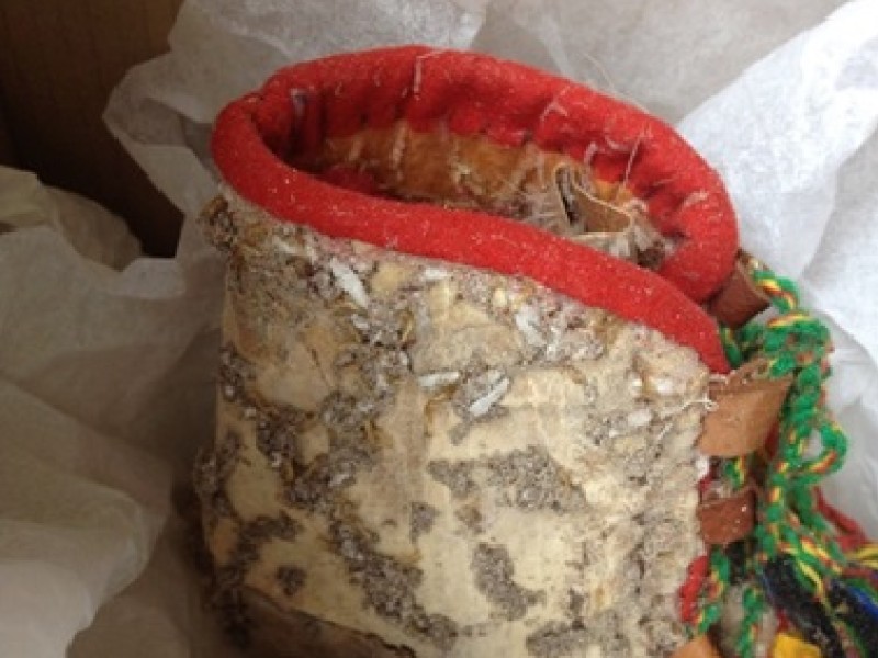 : Damage from webbing clothes moths on a historical fur boot
