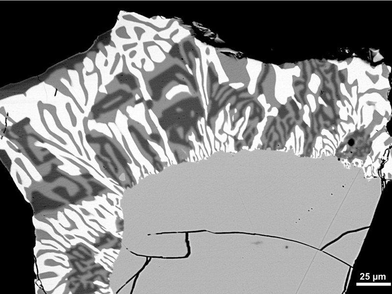 BSE-Bild von wurmartigen Verwachsungen verschiedener Mineralphasen (weiß-Ecrinsit, hellgrau-Stibnit und dunkelgrau-Smithite): Ein neues Mineral wird entdeckt.: BSE-Bild von wurmartigen Verwachsungen verschiedener Mineralphasen (weiß-Ecrinsit, hellgrau-Stibnit und dunkelgrau-Smithite): Ein neues Mineral wird entdeckt.