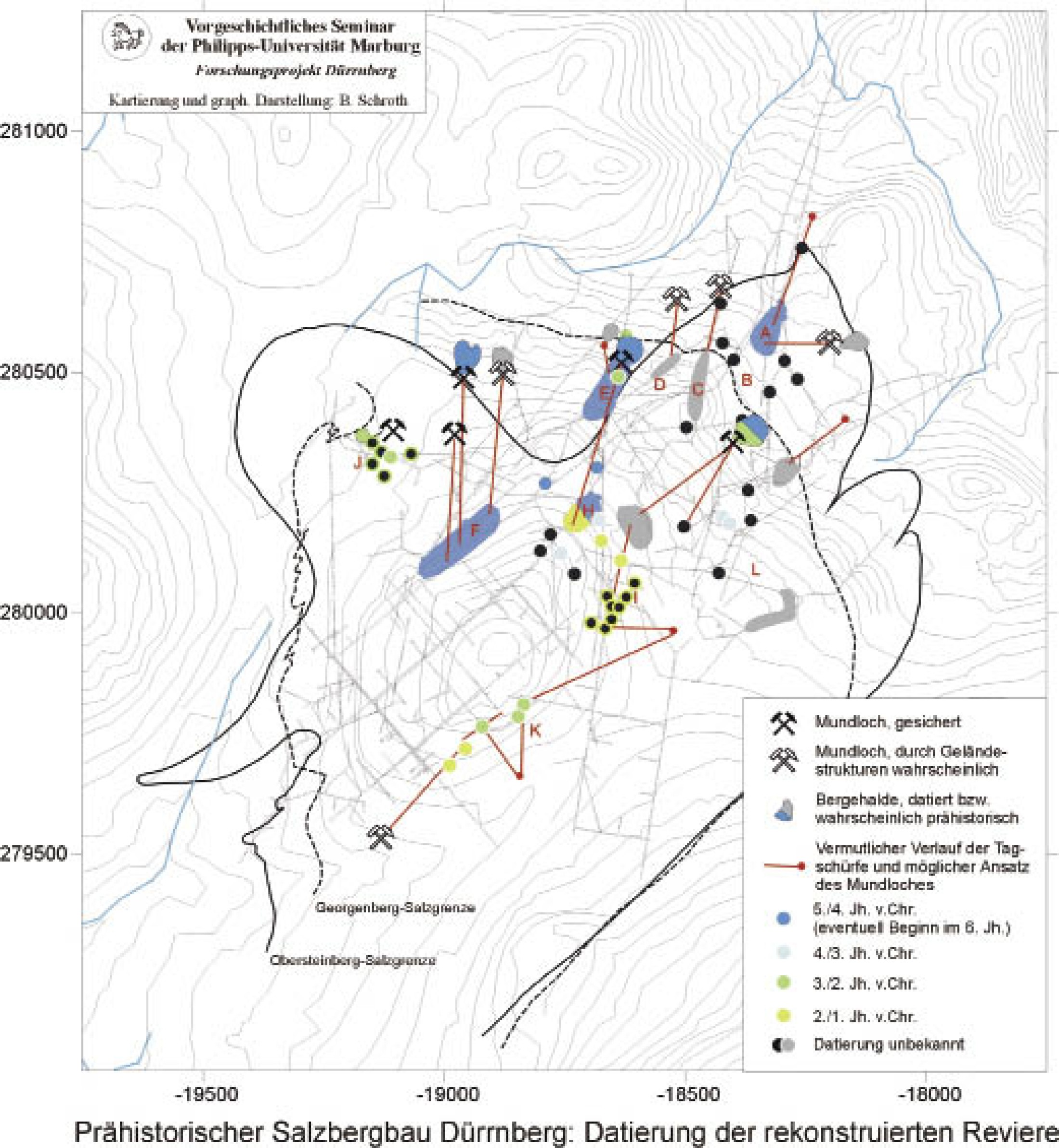 : Phasenkartierung auf Basis des Gruben- und Haldenplans. (Bild: B. Schroth/Vorgeschichtliches Seminar der Philipps-Universität Marburg. Entwurf: Th. Stöllner)