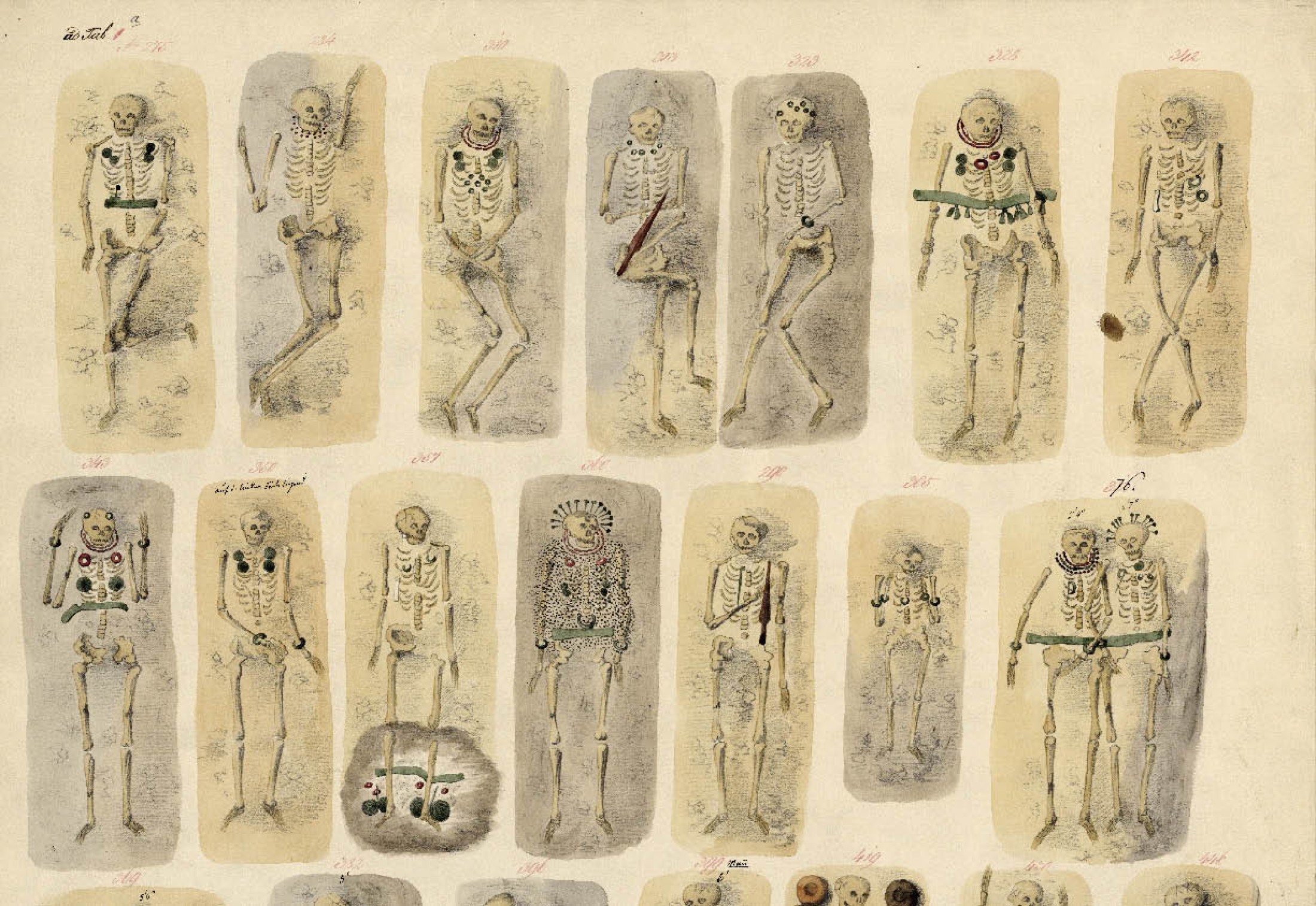 : Ansichten verschiedener Körpergräber des Hallstätter Gräberfeldes aus der Dokumentation von J. G. Ramsauer (Bild: Fundaktenarchiv des NHM)