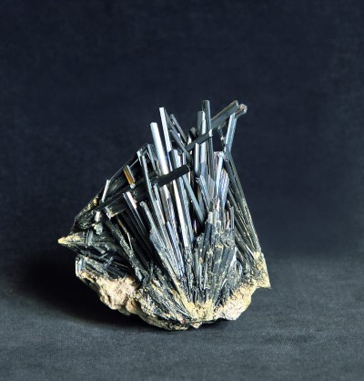 : Historical specimen with stibnite crystals from the famous gold-silver ore deposit Kremnica (formerly Kremnitz) in Slovakia (catalogue no. A.k. 109).