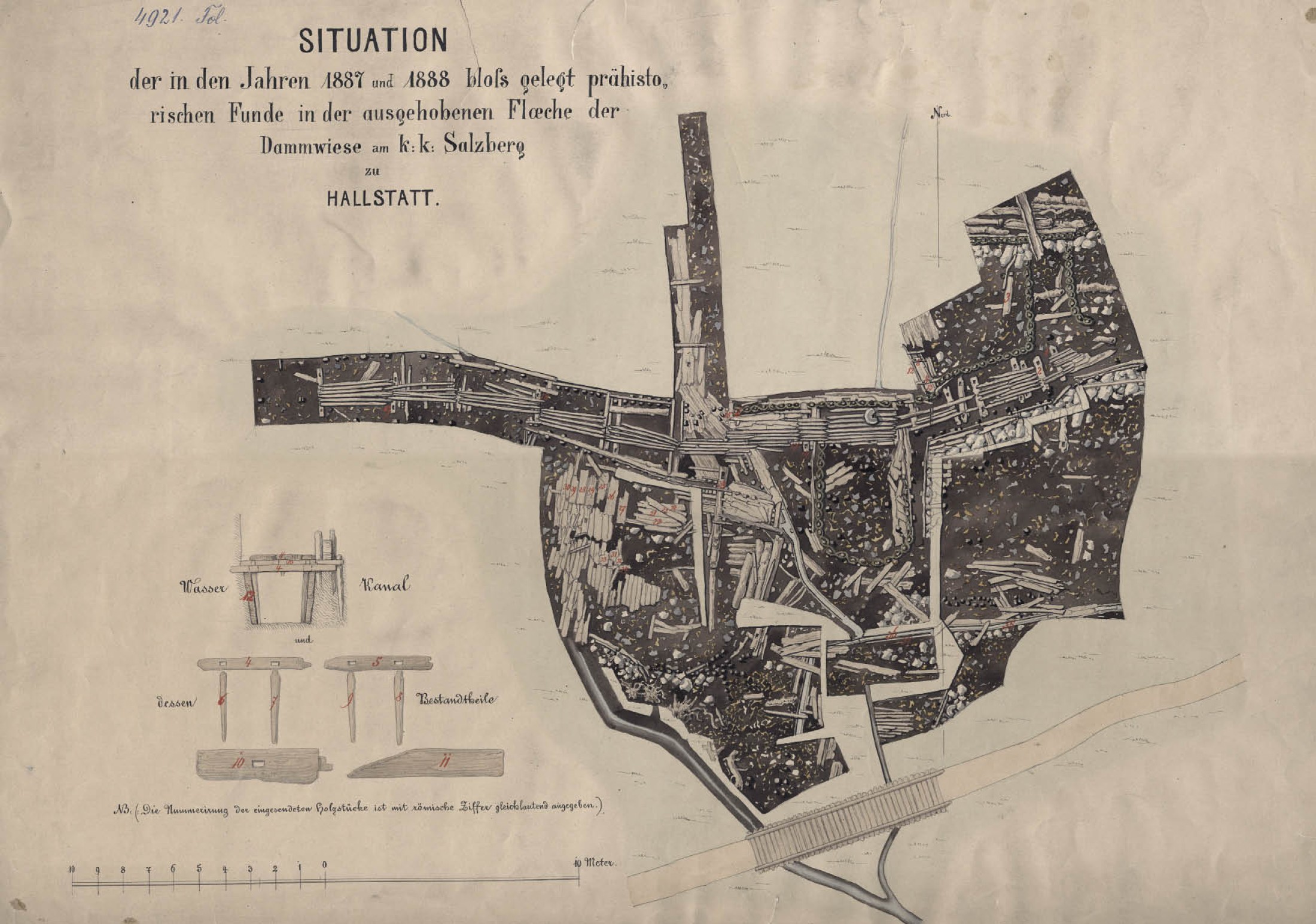 : Aquarell von 1887/1888 aus der Grabungsdokumentation der Dammwiese. Zahlreiche Funde aus organischem Material blieben dort Dank des feuchten und sauren Milieus des Hochmoores erhalten. (Bild: Fundaktenarchiv des NHM)