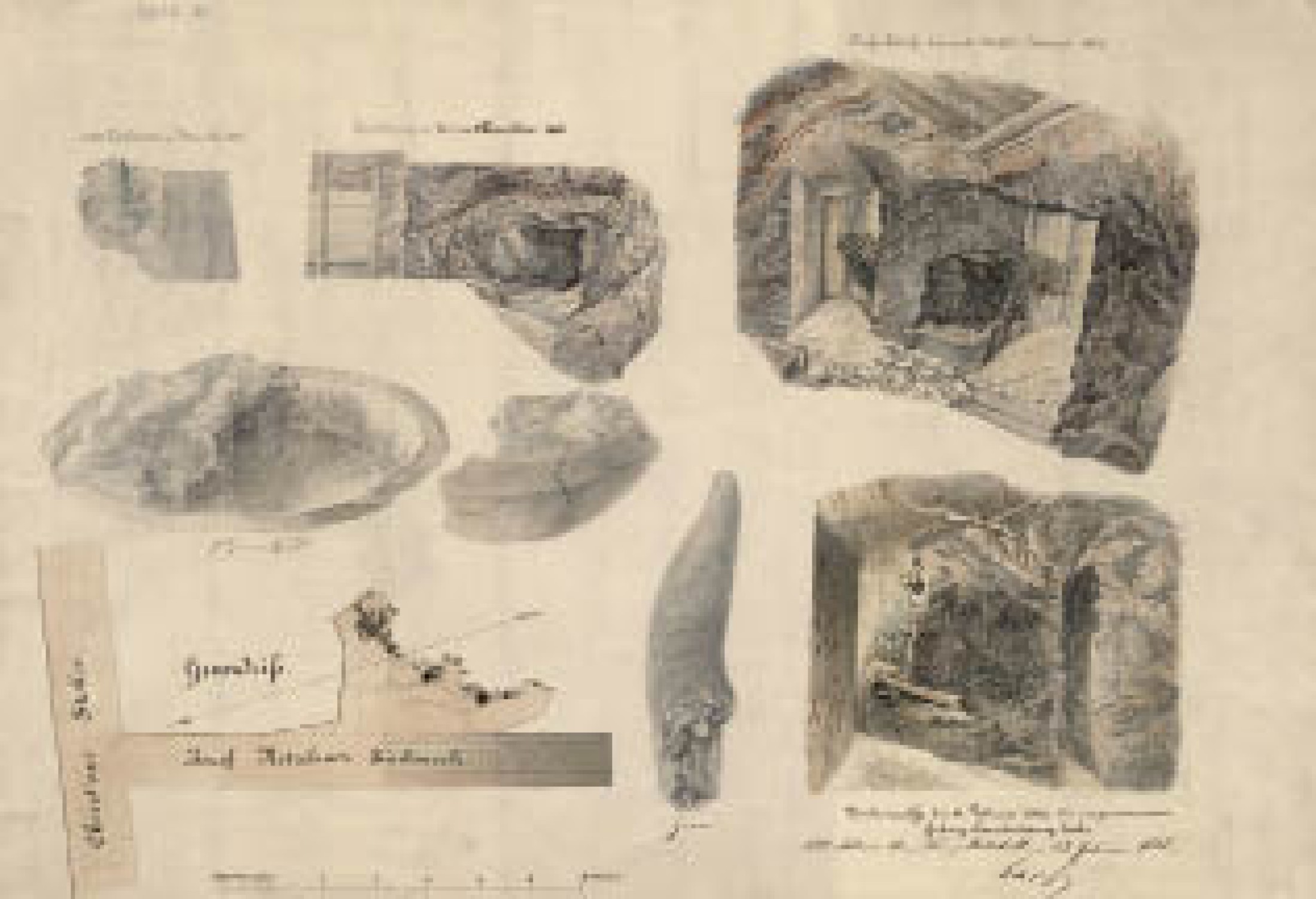 : Dieser Plan aus dem Jahr 1882 dokumentiert die verschiedenen Stadien der gezielten Freilegung der Fundstelle im Josef Ritschnerwerk. Auch einige der bedeutenden Funde, ein Holzschalenfragment und ein Kuhhorn, sind dargestellt. (Bild: Fundaktenarchiv PA NHM)