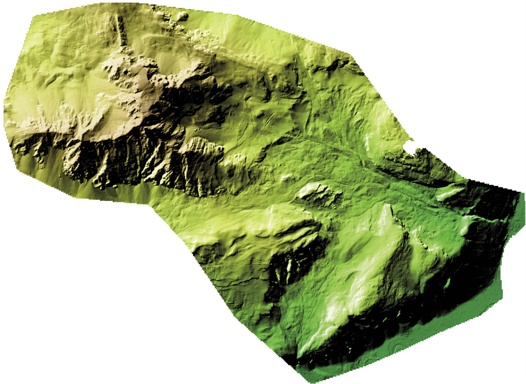 :  Digitales Geländemodell mit 0,5 m Auflösung, welches über spezielle computergestützte Filterverfahren aus den Daten eines flugzeuggetragenen Laserscans abgeleitet werden konnte. (Bild: 3D-Laser-Scan: Rohdaten DI Schmid – Geoservice-GmbH ©Wildbach- und Lawinenverbauung Oberösterreich, Datenauswertung: M. Doneus ©Luftbildarchiv, Institut für Urgeschichte und Historische Archäologie, Universität Wien)