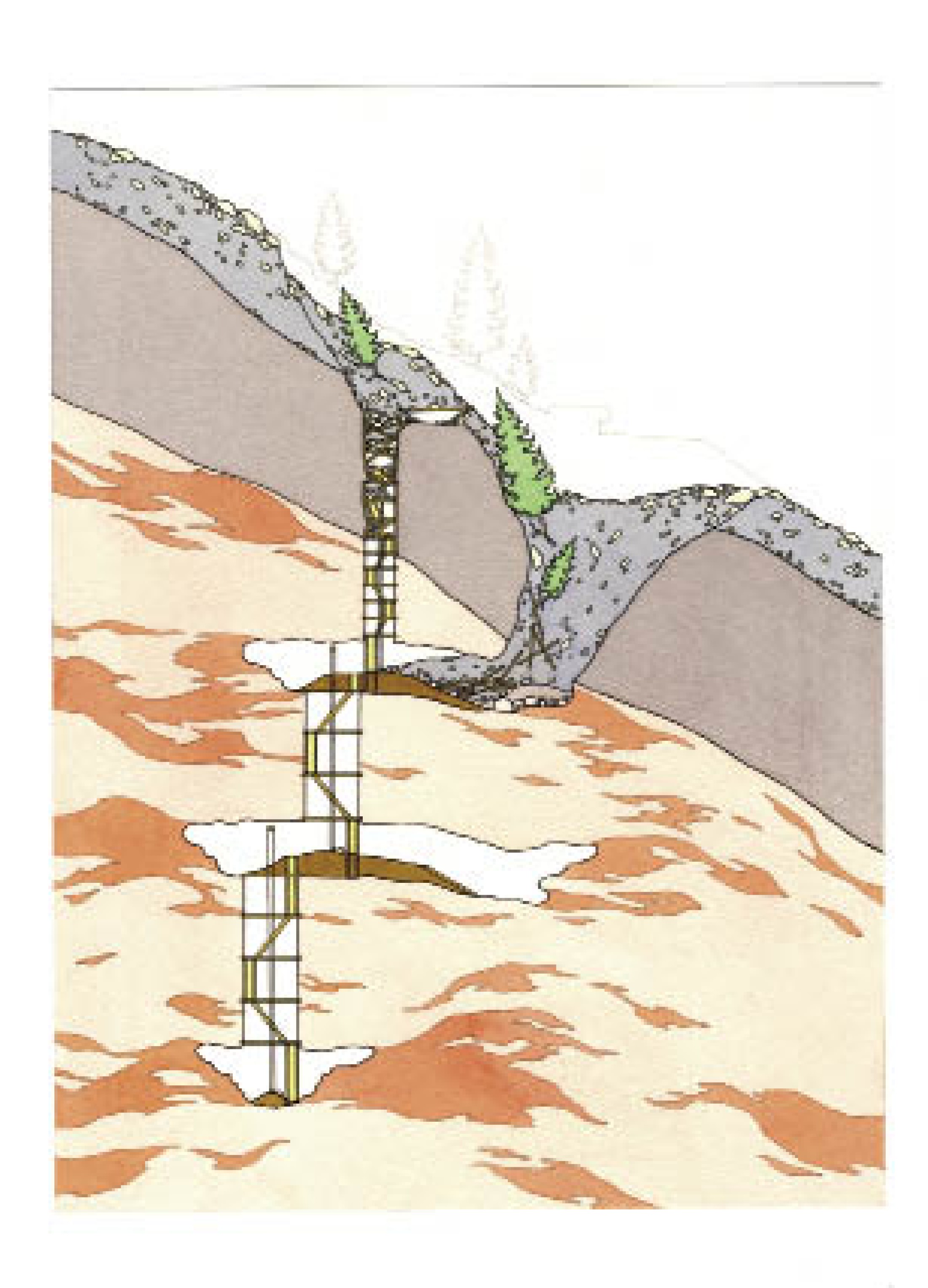 : Mögliches Szenario des Unterganges des bronzezeitlichen Abbaues an der Fundstelle Christian von Tuschwerk (Bild: D. Groebner - H. Reschreiter, NHM Wien)