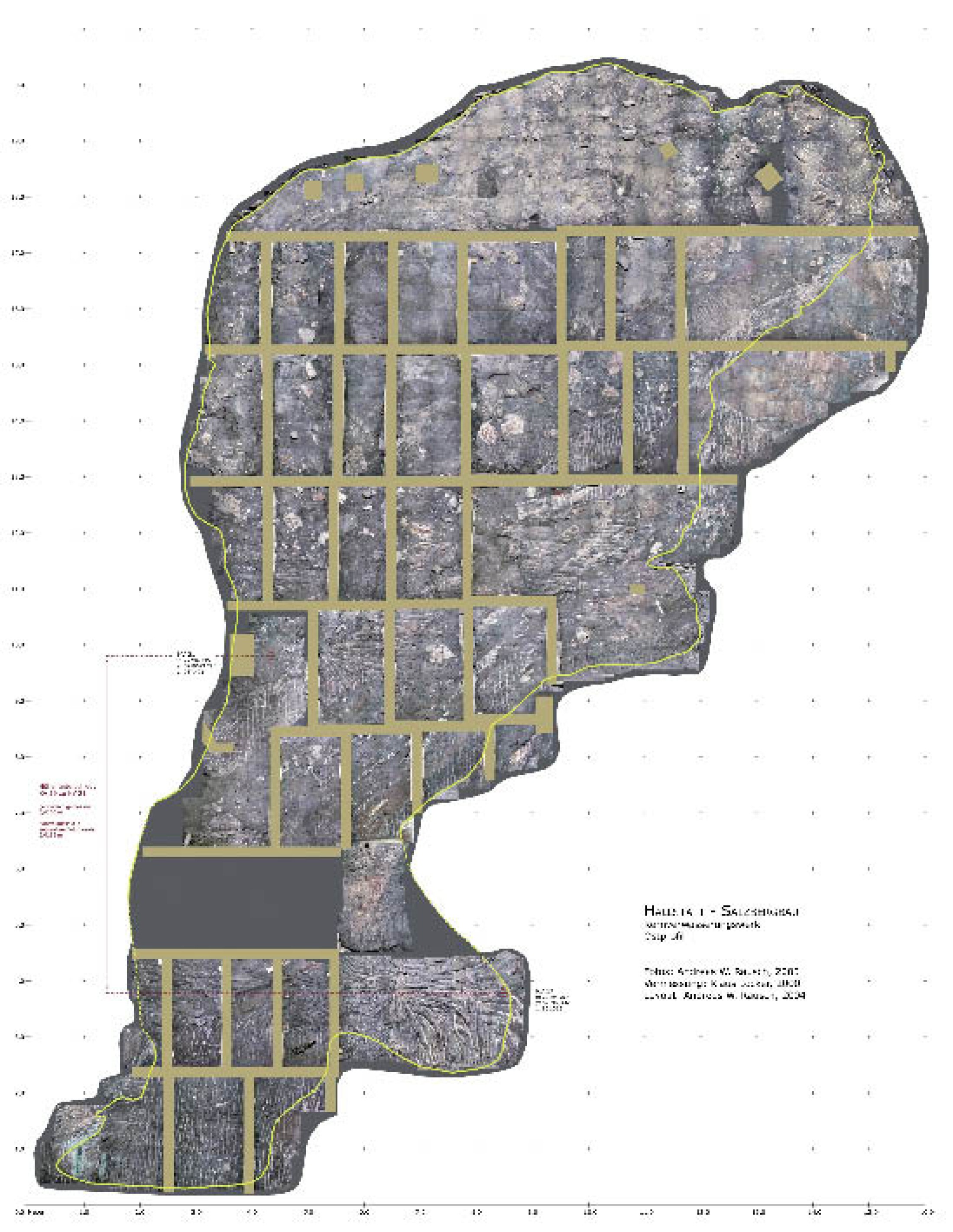 : Dieses Bild zeigt den einzigen vollständig ergrabenen Querschnitt durch einen „Ostgruppenbau“. Neun übereinanderliegende Stollen von 2 m Höhe waren notwendig, um Sohle und Firste zu erreichen. Der Querschnitt weist eine Höhe von 20 m und eine Breite von bis zu 15 m auf. Dieses Bild wurde aus 600 Einzelfotos zusammengesetzt. (Foto: A. W. Rausch - NHM Wien)