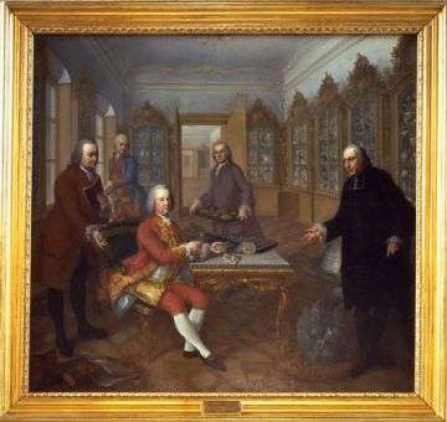 Das sogenannte "Kaiserbild" zeigt Kaiser Franz I. Stephan im Kreise seiner Gelehrten (v. l. n. r.: Gerard van Swieten, Johann Ritter von Baillou, Valentin Duval und Abbe Johann Marcy) inmitten seiner Naturaliensammlung.