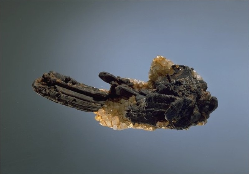 Hessit auf Quarz - Botes bei Zalathna, Siebenbürgen, Rumänien. Größe der Stufe etwa 8 x 3 cm, Inv.-Nr. D 15. 
Der stark gelängte und teils arrondierte größte Kristall der abgebildeten Stufe ist fast 4 cm lang. Er zählt damit sicher zu den größten Individuen                                                dieser Mineralart und ist somit auch eines der bedeutendsten Stücke dieser Sammlung. Die Hessit-Kristalle (Hessit ist eine                                                Silber-Tellur-Verbindung) sind auf einem Quarzkristallrasen aufgewachsen.
