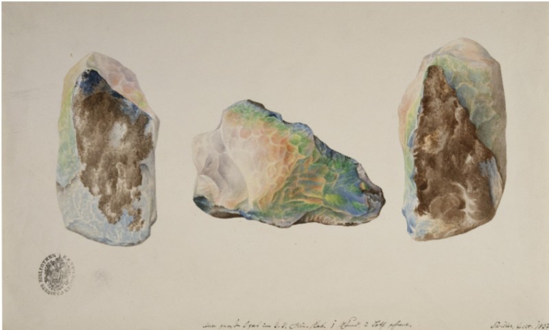 Michael Sandler, „Der große Opal im k.k. Min[eralien]. Kab[inett].“, Aquarell, 1837