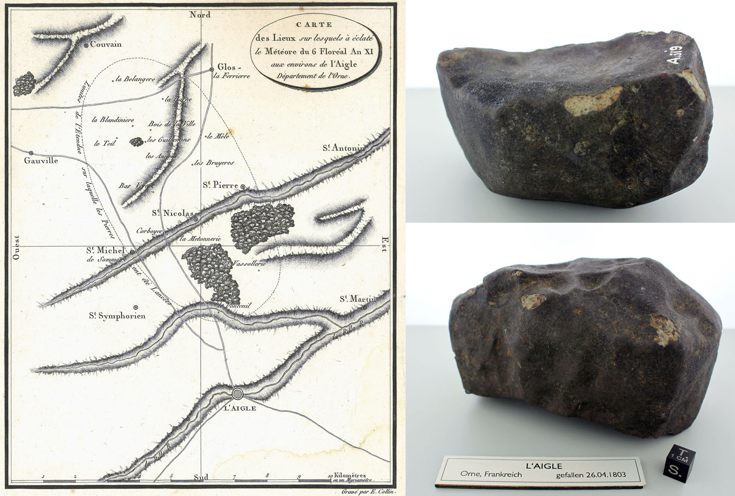 Map of L'Aigle meteorite strewn field (Biot, 1803) & views of a large piece of l'Aigle meteorite.